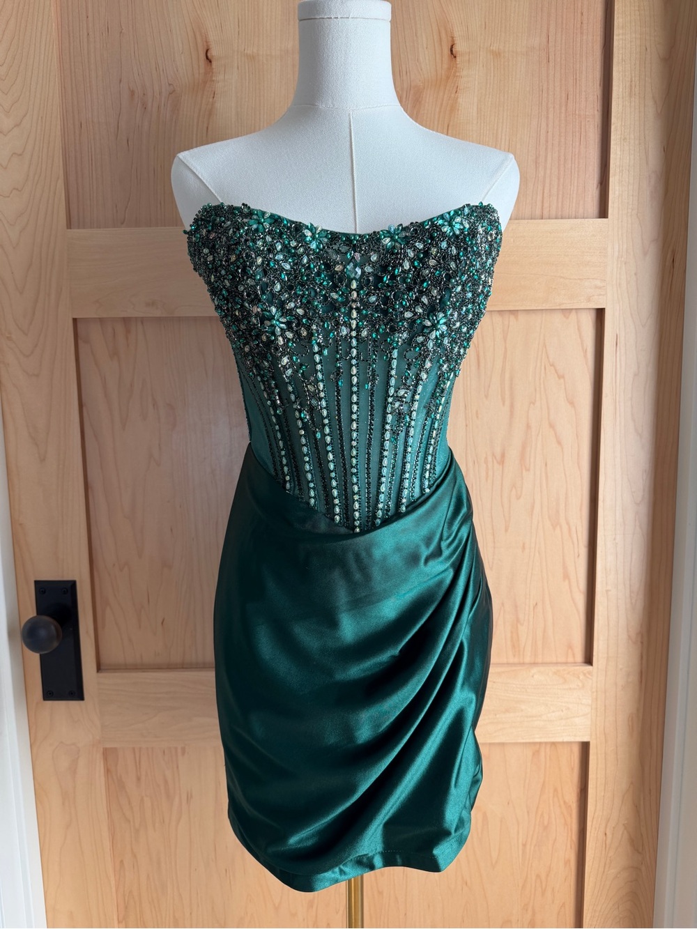 Emerald Green Beaded Corset Mini Dress | Satin & Rhinestone Lace Up Back size 0